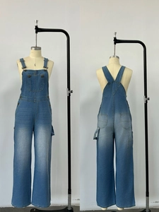 Retro American style loose denim overalls for women with front and back view details