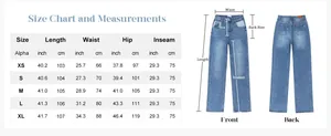 Detailed size chart for high waist denim jeans with XS to XL measurements in cm and inch