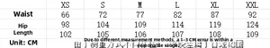 Size chart showing waist, hip, and length measurements from XS to XXL for denim jeans