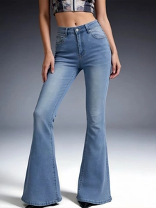 Women's High Waist Slim Flare Jeans Vintage Washed Light Blue Denim Pants Slimming Bell Bottom Trousers For Lady Office Casual