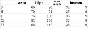 Detailed size chart for high waist denim shorts with waist, hip, and length measurements