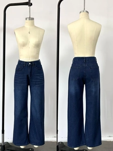 Front and back views of high waist wide leg dark blue denim jeans on a mannequin
