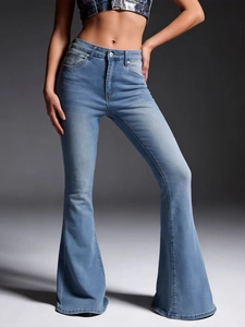 Women high waisted light blue flare jeans with vintage wash and bell-bottom silhouette