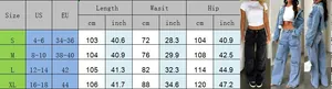 Detailed size chart for retro cargo jeans showing S to XL waist and hip measurements