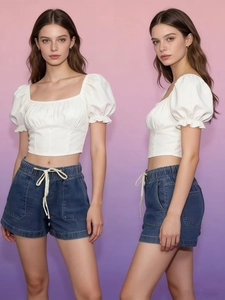 Front and side view of slimming denim shorts with elastic drawstring waist and square pockets