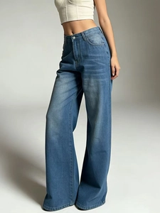 Stylish high-waisted wide leg blue jeans with faded wash and long straight fit