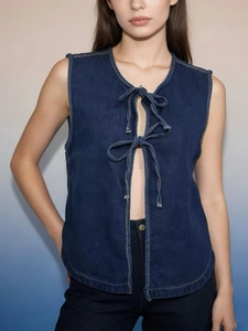 Gilet di Jeans da Donna Blu Scuro con Lacci Frontali Giacca Senza Maniche Top Casual alla Moda con Fiocco per Uso Quotidiano