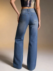 Women's high waist wide leg blue denim jeans with back pockets and washed texture finish