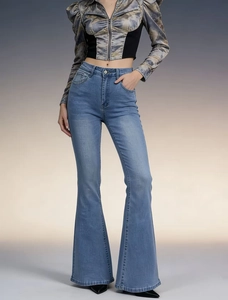 Women's light blue high-waisted flared jeans with a vintage wash and slim fit design
