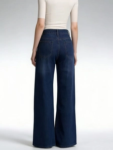 Detailed back view of high-waisted dark blue wide-leg jeans with classic rear pockets
