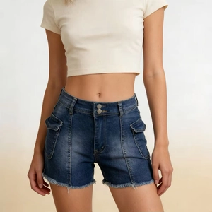 Detail showing high-waisted denim shorts with double metal buttons and frayed hem finish