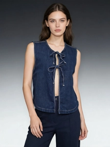 Gilet di jeans blu scuro da donna con eleganti chiusure a lacci e fiocchi frontali