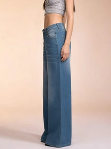 Side view of blue wide-leg jeans showcasing slim waist tailoring and washed denim texture
