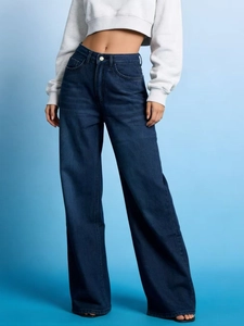 Women's high waist wide leg denim jeans in vintage dark blue wash with straight fit cut