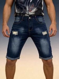 Men's Ripped Denim Shorts Casual Distressed Jean Shorts Summer Cuffed Hem Slim Fit Streetwear Fashion Five-Pocket Jean Shorts