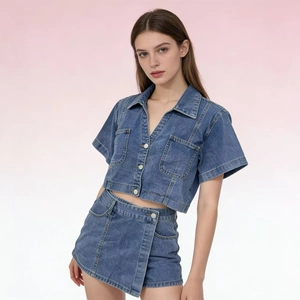 Dettaglio completo denim blu scuro con camicia a maniche corte e gonna pantalone asimmetrica