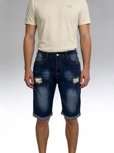 Men's slim fit distressed dark blue denim shorts with ripped holes and cuffed hems