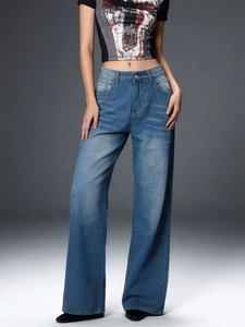 High waist wide leg jeans in light blue washed denim with classic straight cut fit