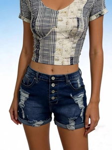 Short en jean taille haute pour femme avec déchirures et fermeture à cinq boutons
