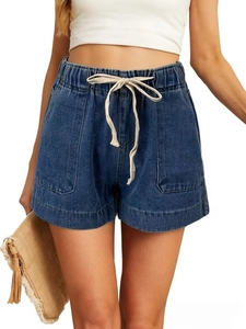 Women's high waist denim shorts with elastic drawstring waist and large side patch pockets