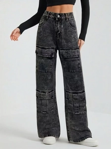 Women High Waist Cargo Jeans Vintage Washed Wide Leg Denim Pants Multi Pockets Streetwear Loose Baggy Straight Trousers