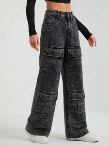 Retro washed dark grey wide-leg cargo jeans with high waist and large flap pockets