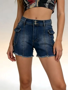 Women High Waist Denim Cargo Shorts Frayed Hem Washed Dark Blue Slimming Straight Denim Hot Pants Double Button Shorts