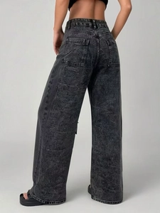Retro washed straight-leg wide-leg denim jeans with high waist and large back pockets