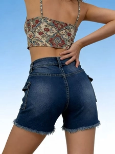 High waist dark blue denim shorts featuring cargo pockets and frayed tassel hem style
