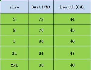 Tableau des tailles avec mesures du buste et de la longueur en CM pour gilet en jean
