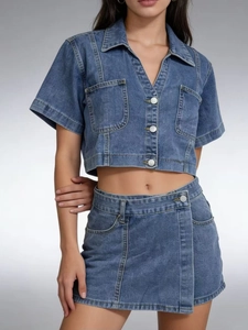 Completo Due Pezzi da Donna in Denim Lavato a Manica Corta Camicia Cropped e Gonna Pantalone a Vita Alta Urban Casual Commuter