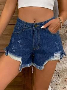 Classic high-waisted denim shorts in dark blue with distressed raw hem and frayed details