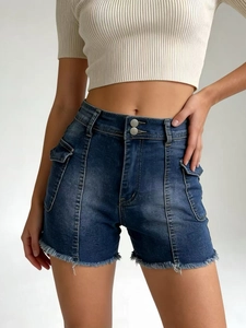 High waist dark blue washed denim shorts with cargo pockets and frayed hems