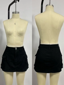 Front and back detail view of a black cargo denim mini skirt with large pockets