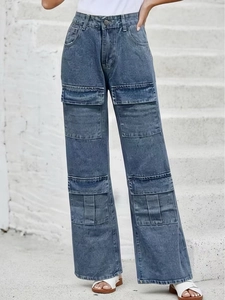 Vintage dark blue washed straight cargo jeans with multiple utility pockets and a loose fit