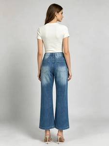 Jean large taille haute bleu moyen avec cordon de serrage et poches arrière délavées