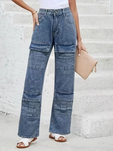 Women's grey blue high-waisted cargo jeans in wide leg style with multiple utility pockets