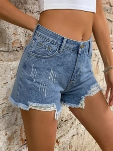 High waist light blue denim shorts with floral pattern and distressed frayed hem design