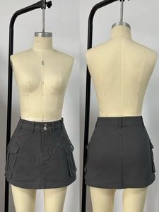 Front and back view of a dark grey utility mini denim skirt with large cargo pockets