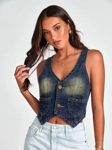 Gilet en Denim Lavé Vintage pour Femmes Col en V Coupe Ajustée Haut Sans Manches avec Boutons en Métal Gilet en Jean Dos Nageur