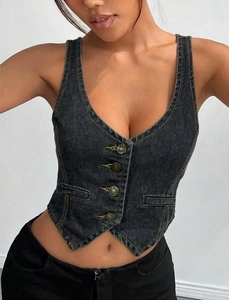 Close-up of washed grey denim vest featuring vintage buttons and deep U-neck slim fit design