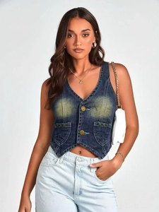 Gilet en jean pour femme avec col en V, délavage vintage et boutons en métal bleu