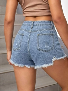 Classic light blue high waisted denim shorts with frayed hems and back pockets