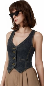 Detail shot of a dark grey washed denim vest with yellow contrast stitching and metal buttons