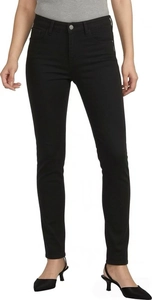 Detail of high-waist black stretch skinny jeans with a front metal button and dense fabric