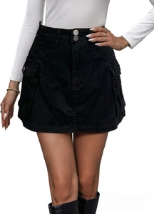 Detail of high-waist black denim cargo skirt with large utility pockets and double buttons