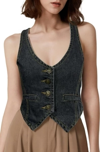 Detail of dark wash denim vest with V-neckline and vintage metal buttons for women