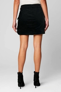 Rear view detail of a high-waisted black denim mini skirt with a slimming slim fit design