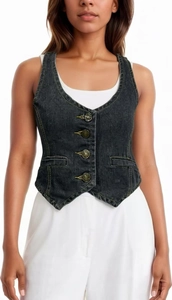 Close-up of vintage dark grey denim waistcoat featuring bronzed metal buttons and V-neck