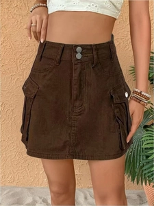 Women High Waist Cargo Denim Mini Skirt Double Button Pockets Bodycon Short Jean Skirts Casual Fashion Streetwear Bottoms